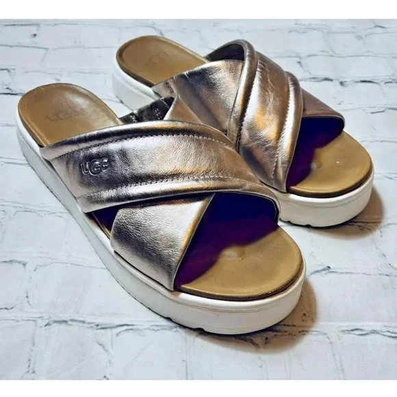 UGG Women Size 7.5 Zayne Crossband Rose Gold Metallic Slip On Platform Sandals - Picture 11 of 11